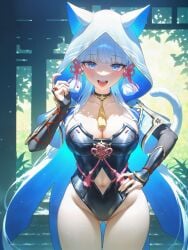 :d absurd_res ai_generated alternate_costume animal_ears animal_hood arm_guards armor armored_dress ass_visible_through_thighs backlighting black_choker black_gloves black_leotard blue_cape blue_capelet blue_eyes blue_hair blue_hood blunt_bangs blunt_ends blunt_tresses blush breastplate breasts bridal_gauntlets cape capelet cat_ears cat_girl cat_hood cat_tail chinese_knot choker cleavage cleavage_cutout cloak clothing_cutout collar collarbone covered_navel cowboy_shot cutout_above_navel dappled_sunlight day detached_sleeves elbow_gloves fake_animal_ears fake_tail female fingerless_gloves fingernails flower_knot genshin_impact gloves gold_choker gold_trim groin hair_ornament hair_ribbon hand_on_own_hip hand_up highleg highleg_leotard hip_vent hood hood_up hooded_cape hooded_capelet hooded_cloak hoodie japanese_armor jewelry kamisato_ayaka large_breasts leaf leotard leotard_under_clothes light_blue_hair light_particles long_hair long_sleeves looking_at_viewer ministro mole mole_under_eye navel navel_cutout neck_ring neck_tassel open_mouth outdoors partially_fingerless_gloves pendant_choker pink_ribbon ponytail red_ribbon ribbon short_sleeves shrug_(clothing) side_cutout sidelocks skindentation smile solo stairs standing stomach stomach_cutout strapless strapless_leotard sunlight tail tail_raised tassel tassel_hair_ornament teeth thigh_gap thighs tongue tongue_out torii tress_ribbon upper_teeth_only vambraces very_long_hair vision_(genshin_impact) white_hair white_hood white_tail wide_sleeves wrist_guards yellow_choker
