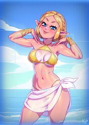 1girls bikini blonde_hair blue_eyes bob_cut breath_of_the_wild curvy demigoddess female female_only hylian kajinman medium_breasts nintendo pointy_ears princess princess_zelda royalty short_hair solo tears_of_the_kingdom the_legend_of_zelda triforce triforce_bikini zelda_(tears_of_the_kingdom)