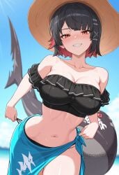 ai_generated bare_shoulders beach bikini black_bikini black_hair blue_sky blush breasts cleavage collarbone colored_inner_hair day ellen_joe female fins fish_tail frilled_bikini frills grin hair_ornament hat large_breasts looking_at_viewer multicolored_hair navel off-shoulder_bikini outdoors red_eyes red_hair sarong shadowrealmarts shark_girl shark_tail sharp_teeth short_hair sky smile solo stomach swimsuit tail teeth two-tone_hair uncensored virtual_youtuber x_hair_ornament zenless_zone_zero