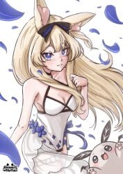 animal_ears artist_name bangs bare_shoulders blonde_hair blue_eyes blue_ribbon blush breasts choker cleavage closed_mouth criss-cross_halter dress eyebrows_visible_through_hair female flower hair_ribbon hairbow halterneck jewelry long_hair looking_at_viewer medium_breasts petals ribbon solo striped tears vyugen white_dress wind yenko
