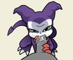 ambiguous_gender bandai_namco biped clothing digimon digimon_(species) duo erection fingers genitals gloves green_eyes handwear hi_res humanoid impmon itsunknownanon male multicolored_body oral oral_penetration penetration penile penile_penetration penis pupils purple_body purple_tail sex simple_background spade_tail tail white_body
