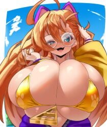 :3 :d arm_up fang gigantic_breasts gigi_(kazuya_zoey) gold_bikini kazuya_zoey lips mesugaki original original_character saliva shortstack skindentation uneven_eyes upper_body