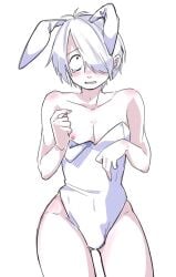 alternate_costume blush bulge bunny_ears bunnysuit crossdressing embarrassed femboy gegege_no_kitarou hair_over_one_eye kitarou_tanjou_gegege_no_nazo looking_at_viewer mainasu male male_only male_playboy_bunny medama_oyaji_(human) pale-skinned_male pale_skin tears thick_thighs twink white_hair white_leotard wide_hips