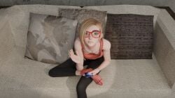 1girl 1girls 3d black_legwear blender blonde_hair breasts clothed confused couch darcy_redd down_blouse downblouse glasses holding_object leaning_forward looking_at_viewer looking_up nipples red_clothing sitting small_breasts socks solo solo_female tights