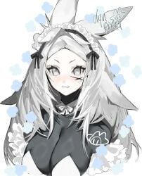 animal_ears bangs blush bow breasts closed_mouth dress dya_rikku dya_rikku_(vtuber) female floral_background forehead grey_hair large_breasts long_hair long_sleeves looking_at_viewer maid_headdress puffy_sleeves ribbon solo striped upper_body virtual_youtuber vyugen
