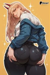 ai_generated ass_grab back_view bare_thighs big_ass big_butt blonde_hair chainsaw_man demon_girl demon_horns fat_ass gigantic_ass horn horns huge_thighs jean_shorts light-skinned_female light_skin long_hair looking_back massive_ass orange_eyes power_(chainsaw_man) sharp_teeth shounen_jump smiling solo_female squatting sweat sweatdrop thick_body thick_female thick_thighs thighs voluptuous voluptuous_female yashugai