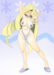 1girls aether_foundation alternate_breast_size arm_up armpits belly big_breasts bikini blonde_hair blush breasts cameltoe clothing eyelashes feet female female_only green_eyes hair hair_over_one_eye human large_breasts long_hair lusamine_(pokemon) mature mature_female milf mother navel nihilego nintendo nyanarchist panties pasties pokemon pokemon_sm pose purple_background purple_panties pussy smile solo sweat thick_thighs thigh_gap v very_long_hair video_games wet wide_hips