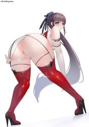 absurdres anus ass bent_over boots breasts brown_eyes brown_hair cleft_of_venus clothing_aside commentary crossover dress dress_aside english_commentary eve_(neurolink_suit)_(nikke) eve_(stellar_blade) female from_behind goddess_of_victory:_nikke high_heel_boots high_heels highres long_hair official_alternate_costume parkhopless pussy red_boots shift_up simple_background solo stellar_blade thigh_boots twitter_username uncensored very_long_hair white_background white_dress