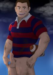 1boy 2021 balls bara brown_eyes brown_hair censored dotsu_(wtnbkwiyd) erection male male_only mosaic_censoring muscular night night_sky original penis pubic_hair rugby_ball rugby_uniform solo sweatdrop tagme thick_eyebrows