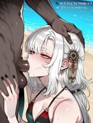 1boy 1girls ai_generated aigoonko alpha_1918 beach bikini blowjob dark-skinned_male flag_bikini hair_ornament hand_on_hip holding_head interracial kneeling large_penis light-skinned_female looking_at_penis oral precum red_eyes rolled_eyes small_breasts tagme white_hair