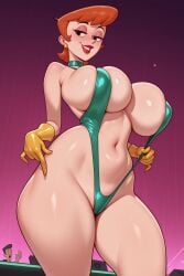 1girls adjusting_clothes ai_generated belly choker dexter's_laboratory dexter's_mom earrings female gloves huge_breasts looking_at_viewer makeup mature_female milf navel orange_hair red_lipstick shiny_clothes shiny_skin sling_bikini small_waist solo_focus stripclub stripper wide_hips