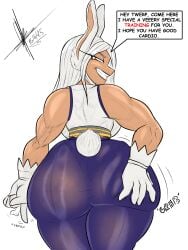 1girls animal_ears ass ass_grab bedroom_eyes big_ass bottom_heavy breasts bubble_butt clothing dark-skinned_female dark_skin dat_ass dialogue fat_ass female female_only grabbing_own_ass half-closed_eyes hand_on_ass hand_on_own_ass huge_ass inviting inviting_to_sex large_ass looking_at_viewer looking_back massive_ass miruko my_hero_academia pantylines png rumi_usagiyama sixpathoffriendship smile solo tail talking_to_viewer text thick_ass thick_thighs thunder_thighs white_background white_hair wide_hips