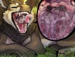 acidic ambiguous_gender animal_genitalia animal_penis anthro blue_eyes bodily_fluids brown_eyes canid canine canine_genitalia canine_penis cheek_tuft closed_eyes cutaway dragon duo erection facial_tuft fangs feral fur furred_dragon furred_scalie genitals grass grey_body grey_fur in_mouth male mammal mythological_creature mythological_scalie mythology narrowed_eyes nematious_(character) nude open_mouth oral_vore outside penis plant red_penis saliva saliva_on_tongue scalie silas_zeranous teeth tuft vore white_body white_fur