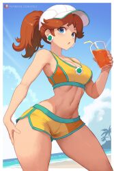 1girls beach blue_eyes blue_sky breasts brown_hair cleavage cloud cup day drink drinking_straw female flower hat highres holding holding_cup looking_at_viewer mario_(series) mario_kart mario_kart_world medium_breasts midriff navel nintendo ocean open_mouth orange_shorts outdoors patreon_logo patreon_username ponytail princess_daisy short_hair shorts sky solo summer white_hat zelc-face