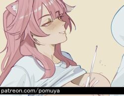 1boy 1girls animal_ear_fluff animal_ears blush breasts cat_ears cat_girl clothes_lift cum ejaculation female from_side grin hololive hololive_english large_breasts no_bra paizuri patreon_username pomuya projectile_cum raora_panthera shirt shirt_lift simple_background smile straight t-shirt virtual_youtuber web_address white_shirt yellow_background yellow_eyes