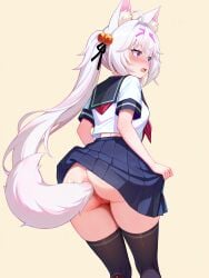 1girls ai_generated anal_insertion ass black_thighhighs blue_skirt blush buttplug buttplug_tail filian_(vtuber) fox_ears fox_tail huge_ass indie_virtual_youtuber long_hair medium_breasts pussy skirt_lift thighs virtual_youtuber white_hair white_shirt