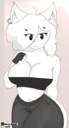 anthro background cat_girl catgirl clothed domestic_cat female female_focus female_only furry furry_ears furry_female furry_only furry_tail grey_scales gusa jeans looking_at_viewer midriff mostly_nude navel pierced_ear piercing shaded skimpy solo tail
