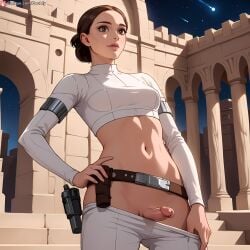 ai_generated boobly brown_hair from_below futanari hair_bun night outdoors padme_amidala pants_down standing star_wars taker_pov