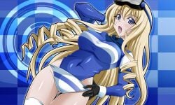 1girls arm_behind_head artist_request big_breasts blonde_hair blue_eyes blush breasts busty cecilia_alcott confident covered_navel drill_hair female female_only gloves goggles goggles_on_head hand_on_hip highres infinite_stratos large_breasts legs leotard looking_at_viewer model_pose official_art open_mouth smile solo thighs tongue voluptuous