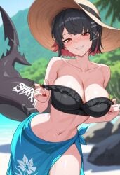 ai_generated bare_shoulders beach bikini black_bikini black_hair blush breasts cleavage collarbone colored_inner_hair day ellen_joe female fins fish_tail frilled_bikini frills grin hair_ornament hairclip hat large_breasts looking_at_viewer multicolored_hair nail_polish navel outdoors red_eyes red_hair red_nails sarong shadowrealmarts shark_girl shark_tail sharp_teeth short_hair smile solo stomach swimsuit tail teeth two-tone_hair uncensored virtual_youtuber zenless_zone_zero