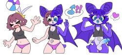 >_< 2025 animate_inanimate anthro ball balls bat beach_ball blue_blush blue_eyes blush breasts bulge choker cleavage closed_eyes clothed clothing confusion erection eyelashes ftm_transformation gender_symbol gender_transformation genitals heart_symbol hi_res human human_to_anthro humanoid_genitalia humanoid_penis inflatable jewelry living_inflatable male_symbol mammal membrane_(anatomy) membranous_wings necklace panties penis pool_toy pooltoy_transformation popstick purple_body species_transformation speech_bubble symbol transformation transformation_sequence underwear wings