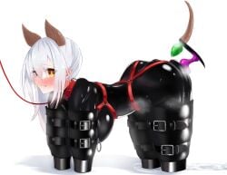 absurdres anal_tail animal_ears bitchsuit black_bodysuit blush bodysuit bondage bondage bondage_mittens bound bound_arms bound_legs breasts butt_plug collar dog_ears dog_tail fake_animal_ears fake_tail female hair_between_eyes harness highres human_dog large_breasts latex latex_bodysuit leash long_hair looking_at_viewer maguro27 orange_eyes original pet_play pussy_juice pussy_juice_puddle red_collar sex_toy sidelocks skin_tight sweat tail white_background white_hair