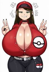 ai_generated baseball_cap big_breasts big_hips breasts brown_hair bursting_breasts double_peace_sign green_eyes grey_impact_(style) hips huge_breasts jeans laughing lubbasdump massive_breasts milf nerina_(lubbasdump) older_female pokemon pokemon_trainer smirk smug snickering