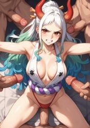 1girls ai ai_generated angry angry_expression angry_face breasts demon female hentai multiple_penises sweat sweatdrop sweating vaginal_penetration white_hair yamato_(one_piece)