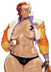 abs areola_slip breasts_bigger_than_head female female huge_breasts jacket jacket_open lilminindahouse muscular_female oc pasties rhea_(ming_liu)