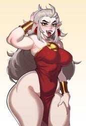 1girls ball_earrings bare_shoulders bracelet dress eda_clawthorne gold_tooth golden_bracelets green_eyes grey_hair hair_slicked_back large_breasts nocturne_nsfw pale_skin pale_skinned_female pelvic_curtain red_dress simple_background solo solo_female the_owl_house thick_thighs toned toned_female tongue