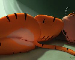 5:4 anthro anus ass blonde_hair catsockjus felid female fur genitals green_background hair hi_res lily_(catsockjus) lying mammal multicolored_body multicolored_fur nude on_side orange_body orange_fur pantherine pussy rear_view simple_background sleeping sleeping_nude solo stripes tail tiger vulva