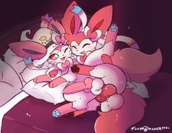 2021 3_fingers 3_toes anal anal_sex animal_genitalia animal_penis artist_name balls bed bed_sheet bedding bedroom blanket blue_inner_ear blue_pawpads bodily_fluids brown_pawpads canine_genitalia canine_penis closed_eyes clothing della_(sylveon) detailed_background digital_drawing_(artwork) digital_media_(artwork) dripping duo eeveelution facial_markings fan_character feet feral fingers fluffy fluffy_tail fluffydasher freckled_face freckled_legs freckles fur fur_markings furniture fuwa_(fluffydasher) generation_6_pokemon genital_fluids genitals gloves_(marking) hat head_markings headgear headwear heart_symbol hi_res knot knotted_penis leg_grab leg_markings looking_at_another lying lying_on_bed male male/male markings nintendo on_bed one_eye_closed open_mouth pawpads penetration penis pillow pillow_grab pink_body pink_ears pink_eyes pink_fur pink_knot pink_markings pink_penis pink_tail pokemon pokemon_(species) precum precum_drip pupils quadruped raised_leg red_bed_sheet red_blanket red_body red_ears red_freckles red_fur red_inner_ear red_knot red_markings red_penis red_tail ribbons signature smile socks_(marking) sylveon tail text toes tongue whiskers white_body white_fur white_pupils