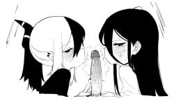1boy 2girls asahina_yoshitoshi blowing_on_penis blue_archive blush earclip erection ffm_threesome greyscale group_sex halo horns kayoko_(blue_archive) kei_(blue_archive) long_hair long_sleeves looking_at_viewer looking_to_the_side monochrome multiple_girls penis ponytail pov shirt threesome uncensored
