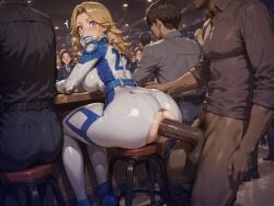 ai_generated anal bar_(place) bar_stool big_ass big_penis blonde_hair blue_eyes blush bodysuit crowd crowded dark_skinned_male embarrassed faceless_male female from_behind hand_on_mouth huge_ass interracial invisible_woman large_ass large_penis long_hair looking_at_another marvel_rivals public public_sex sitting skin_tight sneaky_sex wide_eyed