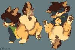 3:2 ambiguous_gender anus artienvy ass ass_up brown_anus brown_body brown_fur brown_pawpads canid canine canis claws clothed clothed_feral clothing countershading deltarune domestic_dog ears_down feral feralized fur heart_nose heart_symbol hi_res kris_(deltarune) mammal multicolored_body multicolored_clothing multicolored_fur nonbinary_(lore) null null_bulge one_leg_up partially_clothed pawpads paws pivoted_ears presenting presenting_anus presenting_hindquarters raised_leg red_nose shadowed_eyes short_tail solo speckled_fur spread_legs spreading tail undertale_(series) yellow_body yellow_fur