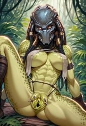 ai ai_generated female female_predator illustration monster pose predator solo woods yautja