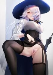 1girls arknights ascot big_breasts bird_girl blue_hair blush bracelet breasts busty cameltoe feather_hair female female_only hair_covering_eye hair_over_one_eye half-closed_eyes hat headgear headwear huge_breasts infection_monitor_(arknights) knee_up krirk large_breasts legwear light-skinned_female light_skin lingerie long_sleeves looking_down multicolored_hair naughty_face naughty_smile nude on_one_leg orange_eyes orchid_(arknights) panties seductive seductive_gaze seductive_look seductive_pose seductive_smile shirt short_hair skirt skirt_lift skirt_up smile solo solo_female stockings tagme thick_thighs thighhighs thighs two_tone_hair umbrella white_hair
