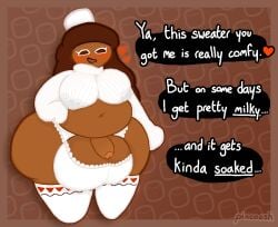 ass ball_bra balls belly belly_overhang big_balls big_belly big_breasts big_butt blush blush_lines bodily_fluids breasts brown_background brown_body brown_hair candy clothing cocoa_cookie cookie_(cookie_run) cookie_run cropped_sweater dessert dialogue digital_media_(artwork) english_text flaccid food foreskin frilly frilly_clothing frilly_underwear futanari genitals glans gynomorph hair half-closed_eyes heart_symbol hi_res huge_balls huge_butt humanoid humanoid_genitalia humanoid_penis intersex lactating lactating_through_clothing legwear looking_pleasured marshmallow milk narrowed_eyes navel nipple_outline nipples open_mouth open_smile oversized_sleeves pattern_background penis pincoosh signature simple_background slightly_chubby slightly_chubby_gynomorph slightly_chubby_intersex smile solo speech_bubble stockings talking_to_viewer text thigh_highs underwear wet wet_clothing