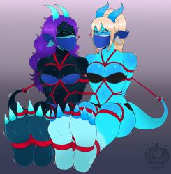 3_toes all_fours anthro arms_tied artist_logo athletic athletic_anthro athletic_female blonde_eyebrows blonde_hair blue_body blue_eyes bodily_fluids bondage bondage bound bound_together bra breast_bondage breasts cloth_gag clothed clothing crotch_rope dragon duo eye_contact eyebrows eyelashes feet female female/female fully_bound gag gagged green_eyes hair half-closed_eyes hands_behind_back heart_symbol horn jayce_(aintcyrious) legs_tied logo looking_at_another motion_lines mythological_creature mythological_scalie mythology narrowed_eyes navel on_ground panties partially_clothed pumpkinpinup purple_eyebrows purple_hair restraints rope rope_bondage rope_harness scalie simple_background sitting submissive submissive_anthro submissive_female sweat sweatdrop tail tail_bondage tail_tied toe_restraints toes toes_tied underwear wingless_dragon