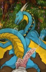 2_penises after_anal animal_genitalia ass black_claws blue_body blue_scales bodily_fluids brown_body brown_fur claws cloaca cloacal_penis cum cum_from_ass cum_in_ass cum_inside darkforestt dirty.paws dragon duo feral fur genital_fluids genitals grass hi_res intersex intersex/male knot long_penis looking_at_viewer male maleherm maleherm/male multi_genitalia multi_penis mythological_creature mythological_scalie mythology penis pink_knot pink_penis pink_tongue plant scales scalie teeth tongue ventral_scales white_claws yellow_body yellow_eyes yellow_scales