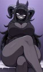 ai_generated breasts cleavage cozy cute hoodie large_breasts legs_crossed looking_at_viewer solo solo_female teasing the_binding_of_isaac the_siren_(the_binding_of_isaac) thick_thighs upskirt