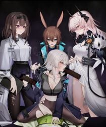 amiya_(arknights) arknights bite_marks censored doctor_(arknights) female female_doctor_(arknights) futanari kal'tsit_(arknights) multiple_futa priestess_(arknights) sumi_1800 theresa_(arknights) torn_pantyhose