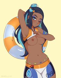 1girls areolae arm_up armpits bad_id belly blue_eyes blue_hair bracelet breasts breasts_out clothes dark-skinned_female dark_skin earrings eye_contact eyelashes eyeshadow female female_only gym_leader holding human inner_tube long_hair looking_at_viewer makeup midriff navel necklace nessa_(pokemon) nintendo nipples one_eye_closed pokemon pokemon_ss shellvi shirt shirt_lift shorts solo text thick_thighs yellow_background