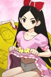 00s 1girls 2000s 2009 asian asian_female bangs black_hair blood dark_eyes detailed_background dress female female_only frown frowning frowning_at_viewer hairbow haruyama_kazunori japanese_female kitsu_chiri lifting lifting_dress lifting_own_clothes light-skinned_female light_skin long_hair looking_at_viewer panties parted_bangs pink_dress sayonara_zetsubou_sensei severed_arm solo source_not_archived underwear white_panties white_underwear