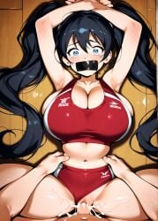 1boy 1boy1girl 1girls ai_generated athletic_wear big_breasts black_hair bondage digbyai duct_tape duct_tape_gag female forced gagged gym gym_clothes gym_clothing gym_uniform huge_breasts large_breasts massive_breasts rape sex twintails