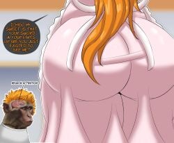 1boy 1girls ass ass_bigger_than_head ass_cleavage ass_focus bleach bleach:_the_thousand-year_blood_war bottom_heavy bubble_butt couple couple_(romantic) female_focus huge_ass ichigo_kurosaki inoue_orihime long_hair overnsfw text text_bubble wide_hips