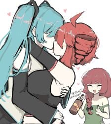 3girls absurd_res absurd_resolution absurdres armwear bare_midriff bare_shoulders big_breasts black_armwear black_skirt blue_hair blush blush_lines blush_stickers breasts busty character_request chubby chubby_female drill_hair duo duo_focus embrace embracing exposed_midriff fatass_teto_plush female female/female female_focus female_on_female female_only french_kiss french_kissing hair_covering_eye hair_covering_eyes hair_over_eyes hatsune_miku heart hearts_around_head hi_res high_resolution highres holding_another hugging kasane_teto kissing large_breasts lesbian_kiss light-skinned_female light_skin melink_(artist) meme midriff navel passionate red_hair saliva saliva_string saliva_trail sideboob simple_background skirt slightly_chubby slightly_chubby_female tongue tongue_kiss tongue_out tummy vocaloid white_background yuri