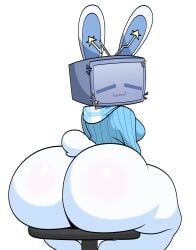 1girls 2d 2d_(artwork) antennae ass ass_focus big_ass blue_clothing blue_sweater bunny_ears bunny_girl bunny_tail digital_drawing_(artwork) digital_media_(artwork) female female_only jutsapostion looking_back rear_view scarf screen screen_face screen_head silvy_(silvythetvbunny) sitting_on_stool smile solo sweater tagme television tv_head white_background