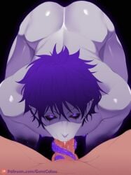 all_fours ass_up bara beefy black_sclera blowjob blowjob_face demon_boy down_angle drool ear_piercing earrings gay gay_blowjob gay_male gay_sex glowing_eyes gomi-cake long_tongue looking_at_viewer looking_up male male_only monster_boy muscular_male nipple_piercing original original_character pointy_ears pov purple_eyes purple_hair purple_nipples purple_tongue sloppy_blowjob spit tongue_wrap tongue_wrapped_around_penis vacuum_blowjob vacuum_fellatio yaoi