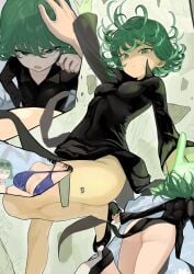 2girls absurdres ass bikini black_dress black_footwear blue_bikini breast_envy breasts cleavage commentary_request curly_hair dress female_focus fubuki_(one-punch_man) green_eyes green_hair hair_between_eyes halterneck highres large_breasts looking_at_viewer mameroku matching_hair/eyes multiple_girls multiple_views one-punch_man petting shoes short_hair small_breasts swimsuit tatsumaki thighs